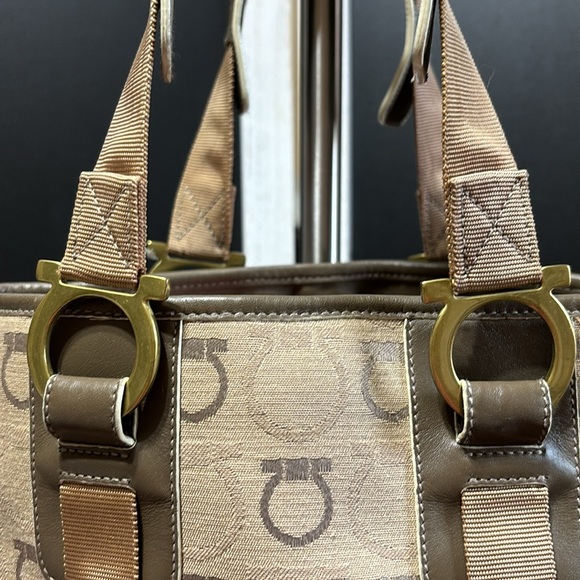 Salvatore Ferragamo Gancini Logo Leather Trim Khaki Tote Handbag,EUC, - Picture 7 of 12